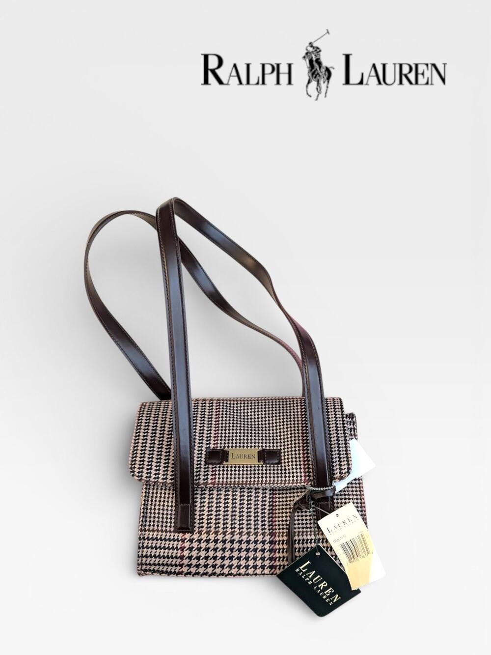 NWT Y2K Lauren Ralph Lauren Houndstooth Shoulder BagWool Leather Gold Trim